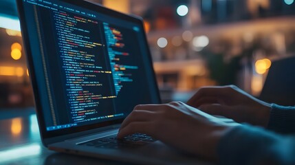 
Hands typing on laptop with programming code on screen, representing software development. Perfect for coding, IT solutions, digital technology, web applications.