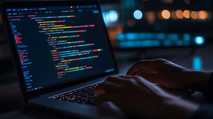 
Hands typing on laptop with programming code on screen, representing software development. Perfect for coding, IT solutions, digital technology, web applications.