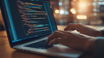 
Hands typing on laptop with programming code on screen, representing software development. Perfect for coding, IT solutions, digital technology, web applications.