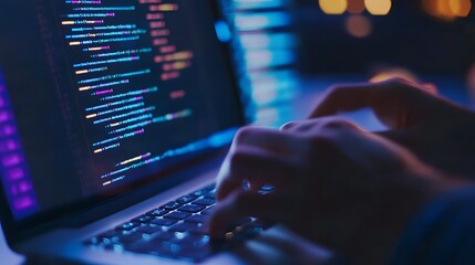 
Hands typing on laptop with programming code on screen, representing software development. Perfect for coding, IT solutions, digital technology, web applications.