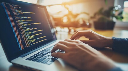 
Hands typing on laptop with programming code on screen, representing software development. Perfect for coding, IT solutions, digital technology, web applications.
