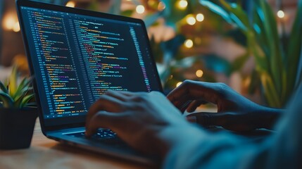 
Hands typing on laptop with programming code on screen, representing software development. Perfect for coding, IT solutions, digital technology, web applications.