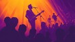© Joe - Isometric illustration of a musician performing with a guitar under warm yellow and deep purple lighting. Clean lines, geometric shapes, and crowds create an engaging scene.
