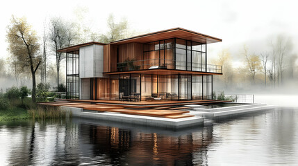 Sticker - Modern lakeside house with glass and wood design, surrounded by nature.