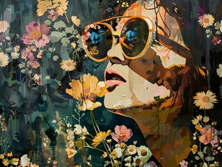 Canvas Print - Woman in Sunglasses with Floral Background - Abstract Portrait Painting