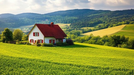 picturesque european farmhouse surrounded by fields, no people. open copy space available.