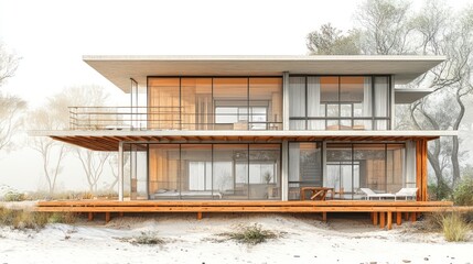 Sticker - Modern House with Glass Walls in a Forest Setting