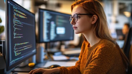 Sticker - Focused Female Coder Working on Computer Screens