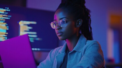 Sticker - Young Woman Working on Computer Amid Neon Glow