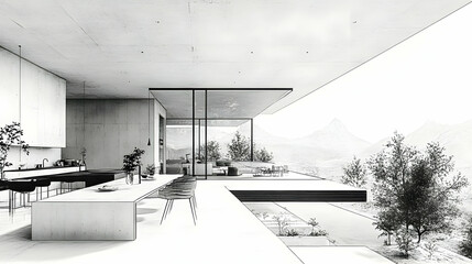 Wall Mural - Modern minimalist kitchen with open view of mountains and nature.