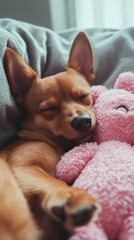 Wall Mural - A sleeping dog cuddles a pink plush toy, creating a cozy and heartwarming scene.