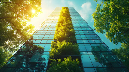 Sticker - Modern skyscraper with vertical greenery under sunlight.