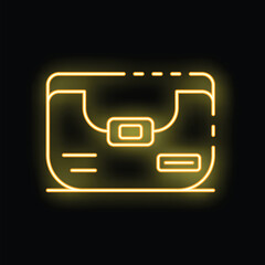 Neon yellow glowing briefcase icon with a clasp closure, isolated vector illustration on a black background