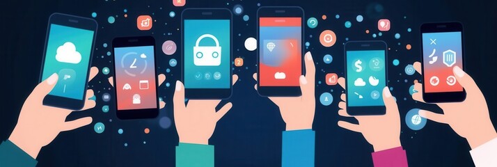 Fototapete - Two hands grasping smartphones, showcasing different social media applications available for use in today's digital environment. Generative AI