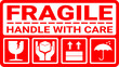 © Abdurrohim Husain - sticker fragile handle with care, red fragile warning label with broken glass symbol, this side up sign, keep dry and avoid liquid sign.