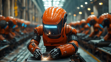 Poster - Robot welding in a factory setting, showcasing industrial automation.