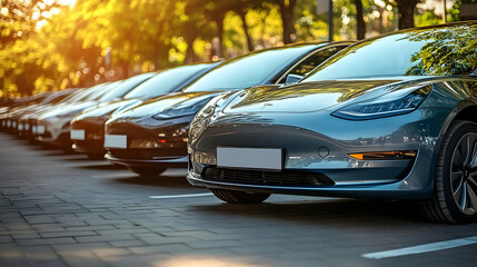 Canvas Print - Row of parked electric vehicles in a sunlit urban setting.