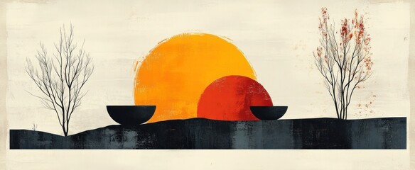 Wall Mural - Abstract Sunset Illustration with Silhouettes