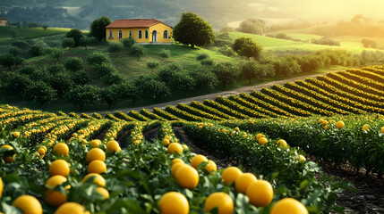 Canvas Print - Scenic landscape featuring a yellow house and citrus orchard.