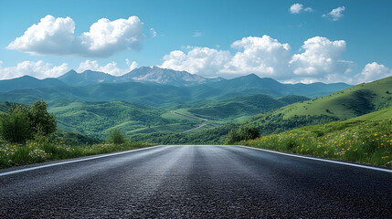 Wall Mural - Scenic road leading through lush green hills and mountains.