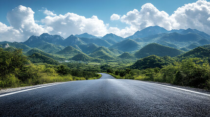 Wall Mural - Scenic road winding through lush mountains under a bright sky.