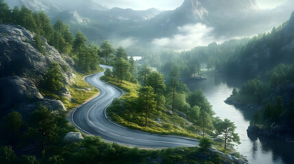 Canvas Print - Scenic winding road through mountains and forest by a serene lake.