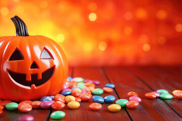 Halloween pumpkin and candy copyspace