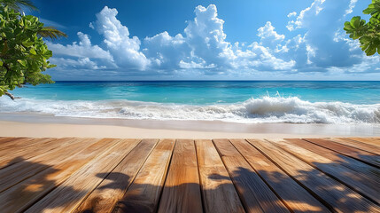 Sticker - Serene beach scene with wooden deck and vibrant ocean waves.