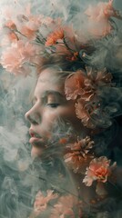 Canvas Print - Dreamy Portrait of a Woman Surrounded by Flowers and Smoke