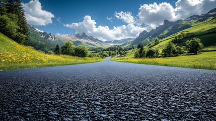 Sticker - Serene road winding through lush green landscape and mountains.