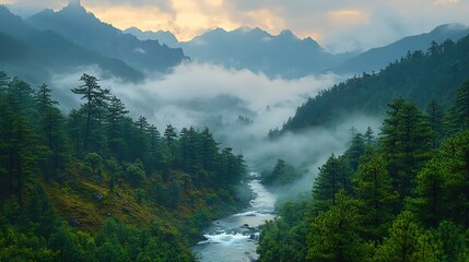 Poster - A river winds through a lush valley with mist-covered mountains in the background.