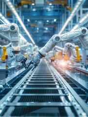 Aufkleber - Robotic arms meticulously perform precise assembly tasks on an automotive production line, showcasing advanced manufacturing technology. Generative AI