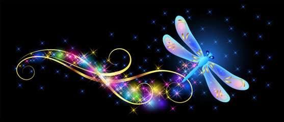 Wall Mural - Flying dragonfly with sparkle and blazing trail and glowing stars. Animal protection day concept or birthday card.