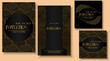 © RomanWhale studio - Luxury invitation, Elegant template, Card frame art deco flyer and square card set. Golden geometric gradient on dark background. Premium design for gala, grand opening, party invitation, layout.