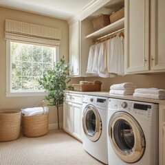 a bright and organized laundry room featuring modern appliances, clean linens, and natural decor for