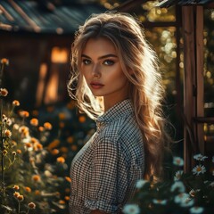 Wall Mural - A woman standing in a field of flowers