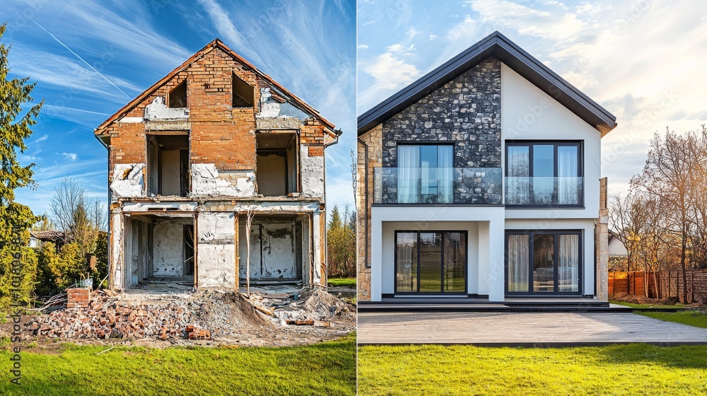 Home renovation, house before and after repair. New and old suburban ...