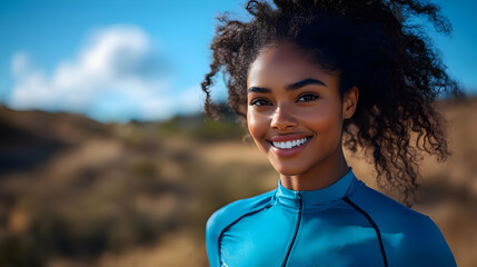 Canvas Print - Smiling person in athletic wear against a scenic outdoor backdrop.