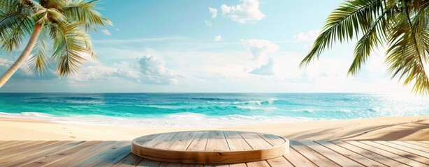 Wide Table top wooden bar on blurred beautiful beach scene background coconut leaf. Breakfast product display mockup outside vacation summer day time. Resort wood desk board on nature sea sand view.