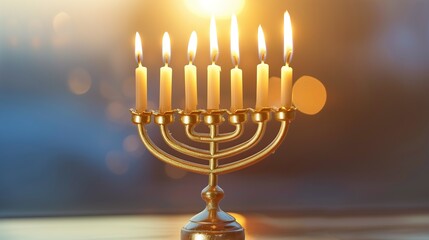 hanukkah gold menorah with lit candles against blurred background festive celebration