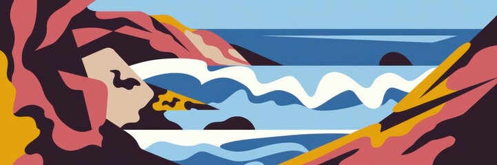 Sticker - Colorful Coastal Scene with Waves and Rocks