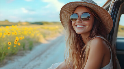 Canvas Print - Smiling woman in sunglasses enjoying a sunny field landscape.