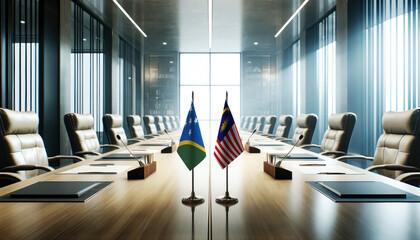 A modern conference room with Solomon Islands and Malaysia flags on a long table, symbolizing a bilateral meeting or diplomatic discussions between the two nations.