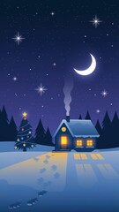 Wall Mural - Cozy Winter Night with House and Christmas Tree