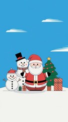 Canvas Print - Festive Christmas Characters with Snowman and Tree