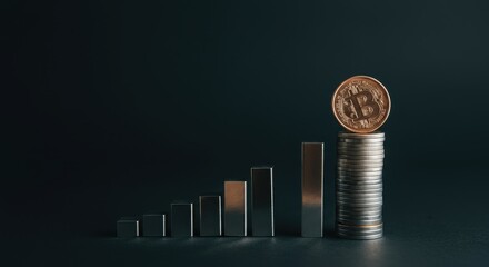 Cryptocurrency coin and stacked coins alongside bars showing financial growth