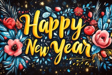 Wall Mural - Happy New Year Floral Greeting