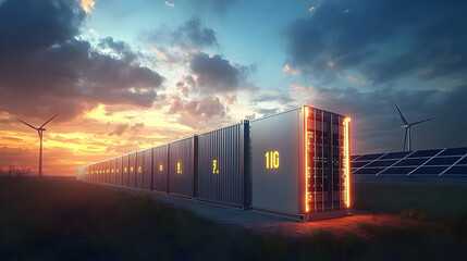 Poster - Solar energy storage containers at sunset with wind turbines nearby.