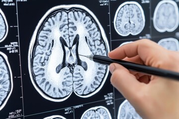 Hand pointing at brain scan images with medical examination tools.