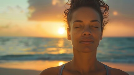 Poster - Peaceful Woman in Yoga Pose at Tranquil Beach Sunrise